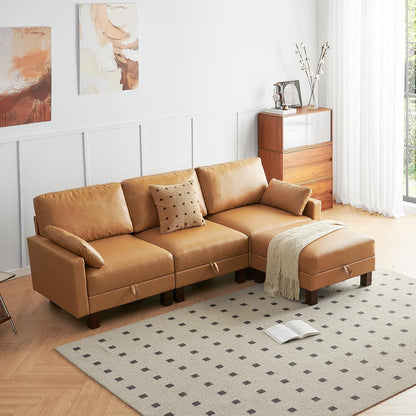L Shape Modular Sofa, Faux Leather Sectional, 98'' 4 Seater Couch, Mid Century Modern Decor Couch, Office Sectional Sofa Bed, for House, Apartment, Living Room, Tan