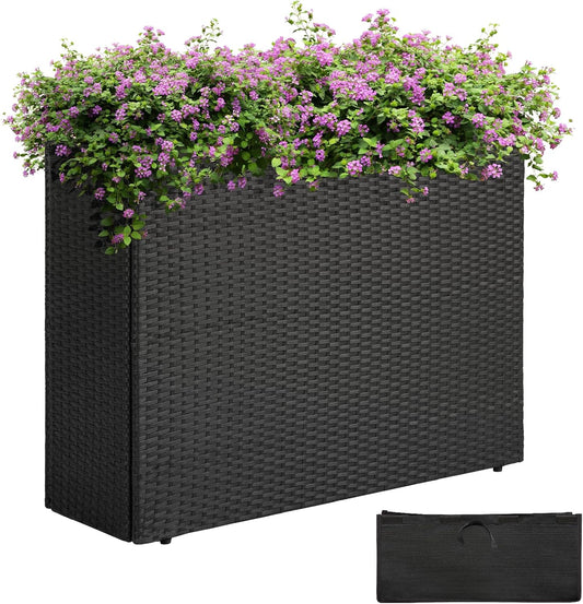 IDZO All Weather Wicker Planter Raised Garden Bed, 24 in Tall Round Rattan Flower Pots, Durable Self-Watering Indoor Outdoor Wicker Planters for Porch Patio Balcony