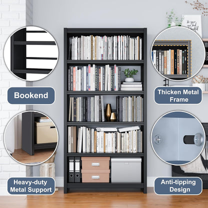 Bookshelf, 5 Shelf Bookcases, Tall Bookcase for Heavy Books, CDs, Movies, Garage Kit, Modern Display Shelf for Library Home Office Bderoom Living Room, Metal Bookshelves Industrial Black
