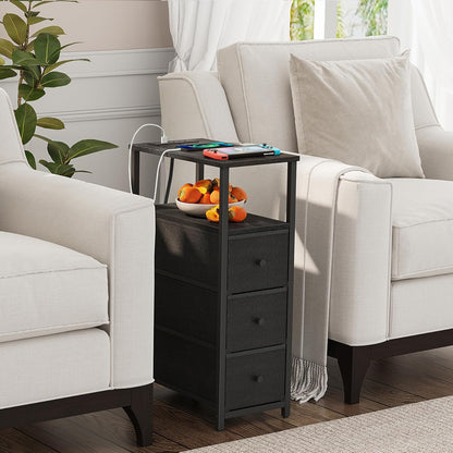 TUTOTAK Narrow Night Stand with Charging Station, Slim End Table with Plugins, Tall Side Table with 3 Fabric Drawer, Small Bedside Table with Storage, Living Room, Bedroom, Black TB01BK086