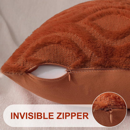 decorUhome Fall Throw Pillow Covers 24x24 Inch Set of 2, Soft Plush Decorative Faux Fur Rust Solid Couch Pillow Covers, Accent Farmhouse Neutral Square Euro Pillow Cases for Sofa Bed Living Room