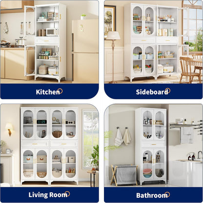 75” Tall Kitchen Pantry Storage Cabinet, Metal Storage Cabinet with 1 Drawer and Adjustable Shelves, Kitchen Pantry Cupboard, Freestanding Cupboard for Bathroom (White-4 Doors and 1 Drawer)