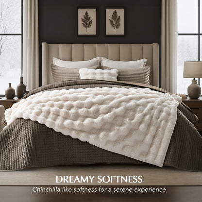 EVERGRACE Ultra Soft Luxury Fluffy Ridgeline Faux Rabbit Fur Throw Blanket, Thick Warm Bubble Throw for Bed, Cozy Plush Reversible Blankets for Couch, Chair, Sofa, Ivory White, 50x60 Inches, 870 GSM