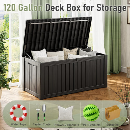 NUNU LAB Outdoor Storage Box,120 Gallon Deck Box,Resin Waterproof Outside Storage Bench,Outdoor Storage Cabinet With Lockable Lid,Backyard Deck Box For Garden Tools,Patio Cushions,Pool Accessories