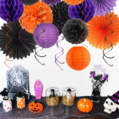 Black-Purple Orange Halloween Birthday Party-Decorations - 21pcs Happy Banner,Paper Lanterns Honeycomb,Tissue Pom Poms Flower Fan,Kids Classroom Hanging Streamers Garland Decor Supplies Huglony