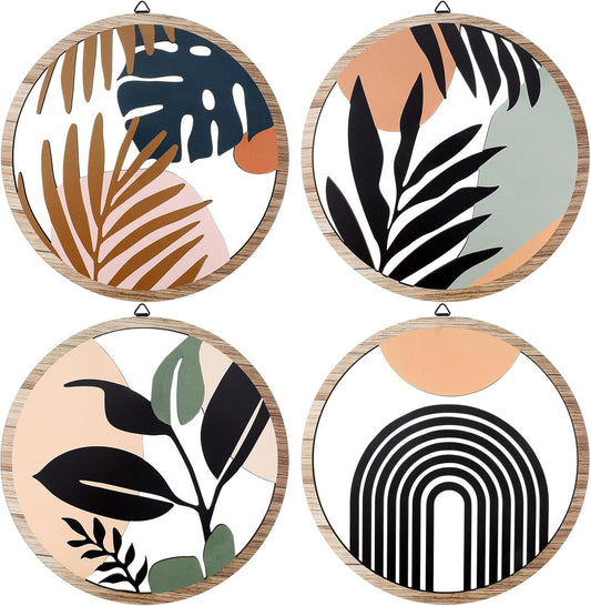 Qunclay 4 Pieces Boho Wall Art Wooden Bohemian Wall Decor Hanging Art Nursery Decor Farmhouse Geometric Hanging 10 Inch Aesthetic Wood Minimalist for Apartment Bedroom(Elegant)