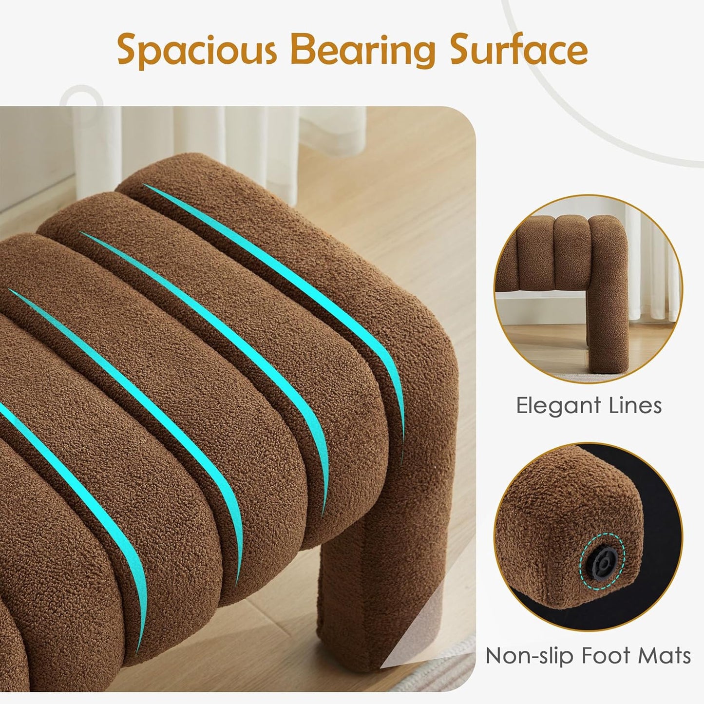 43.3" Bedroom Bench, Upholstered Entryway Bench, Modern End of Bed Ottoman with Solid Wood Legs and Adjustable Foot Pegs for Entryway, Dining Room and Living Room (Brown Boucle)