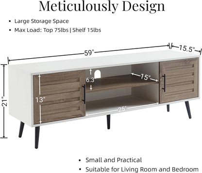 Mid Century Wooden TV Stand with Open Shelf and 2 Storage Cabinets for TVs up to 65 Inches,White Walnut Modern Entertainment Center TV Console for Living Room,Bedroom.