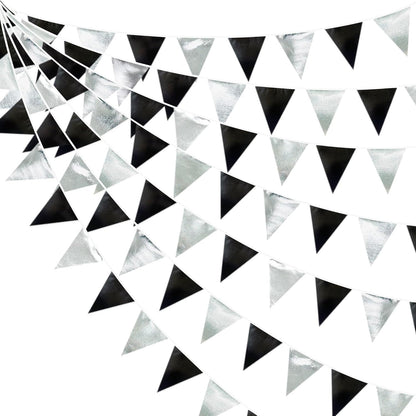 Black and Silver Party Decorations Triangle Pennant Banner Flag Metallic Fabric Bunting Garland for Birthday Graduation Retirement Wedding Bachelorette Bridal Shower Engagement Disco Party Supplies