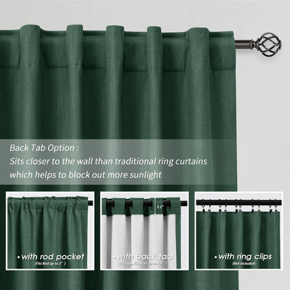 BOODII 63 Inch Blackout Curtains Green Linen Black Out Curtains for Bedroom 2 Panels Set Modern Room Darkening Curtain Thermal Insulated Curtain for Winter Window Drapes Back Tab 52x63