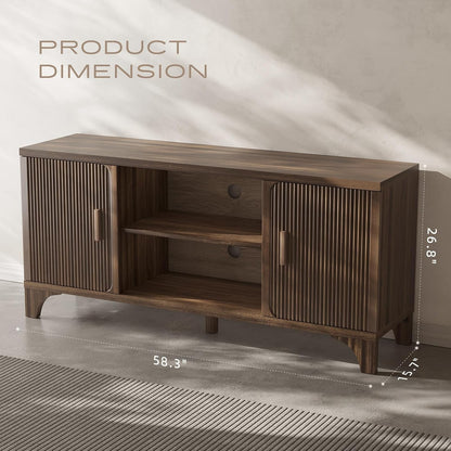 Tall Mid Century Modern TV Stand for 55/65 Inches Television, TV Console with Fluted Doors and Storage, Entertainment Center for Living Room and Bedroom, Dark Brown