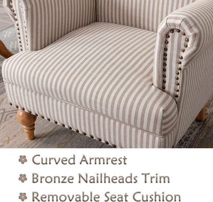 chairus Linen Accent Chair for Living Room Set of 2 Upholstered Mid Century Modern Single Sofa Chair with Solid Wood Legs Comfy Reading Chair Armchair for Bedroom/Office/Recption/Lounge, Khaki Stripe