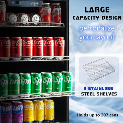 Albott Beverage Refrigerator-24 In fridge with Glass Door, Adjustable Shelves and LED Touch Panel, Under Counter Design for Wine Beer, Built-In or Freestanding Use, 34-64℉