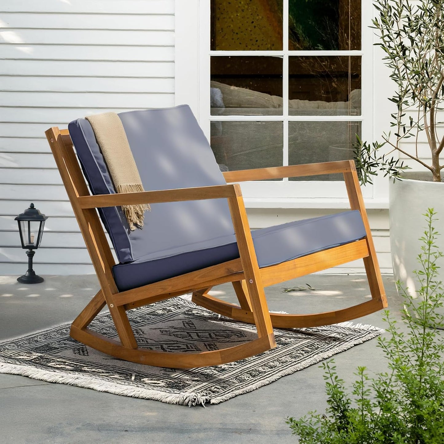 IDZO Premium Club Rocking Chair 500lbs Capacity with Inclined Backrest, Thick Foam Cushion, Solid Acacia Wood Rocker for Patio, Backyard, Balcony, Porch