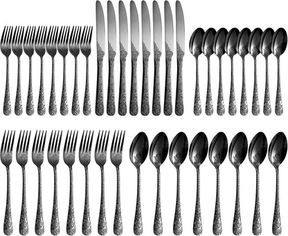 Floral 40 Pcs Black Silverware Set for 8, Food Grade Stainless Steel Flatware Set with Rose Flower Embossed Design, Eating Utensils Sets Include Fork/Knife/Spoon, Reusable Cutlery Set, Dishwasher Safe