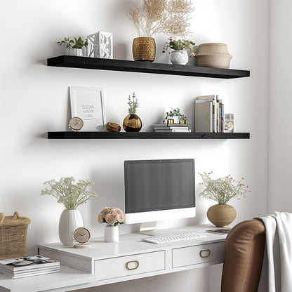 Wood Floating Shelves for Wall Decor, Rustic Wall Shelves for Bedroom Bathroom Kitchen Living Room, Set of 4 Black 48 Inch