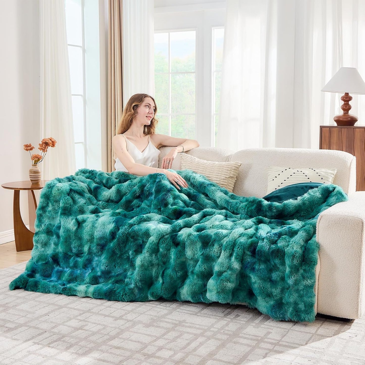 Lotus Karen Faux Fur Throw Blanket Tie-Dye Green - Big Bubble Rabbit Fluff Blanket for Couch,Small Fluffy Fuzzy Cozy Blanket,Thick Furry Plush Shaggy Blankets,60x80 Inches
