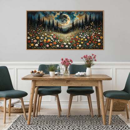 HPINUB Wildflower Moon Pine Tree Framed Canvas Wall Art Set,Nature Forest Wall Decor,Mystical Starry Night Artwork Rustic Mountain Landscape Art Print for Living Room,Bedroom,Office-20 x40