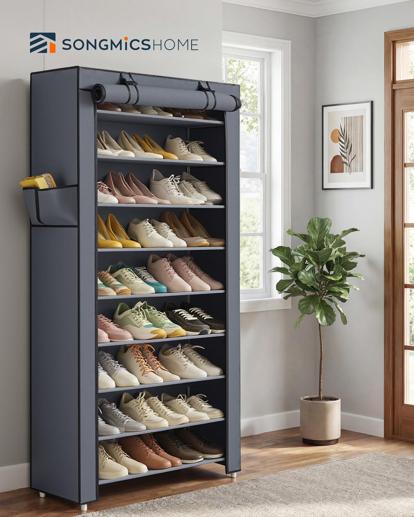SONGMICS HOME Shoe Rack 10-Tier, Tall Narrow Metal Shoe Organizer with Dust Cover, 11.2 x 33.3 x