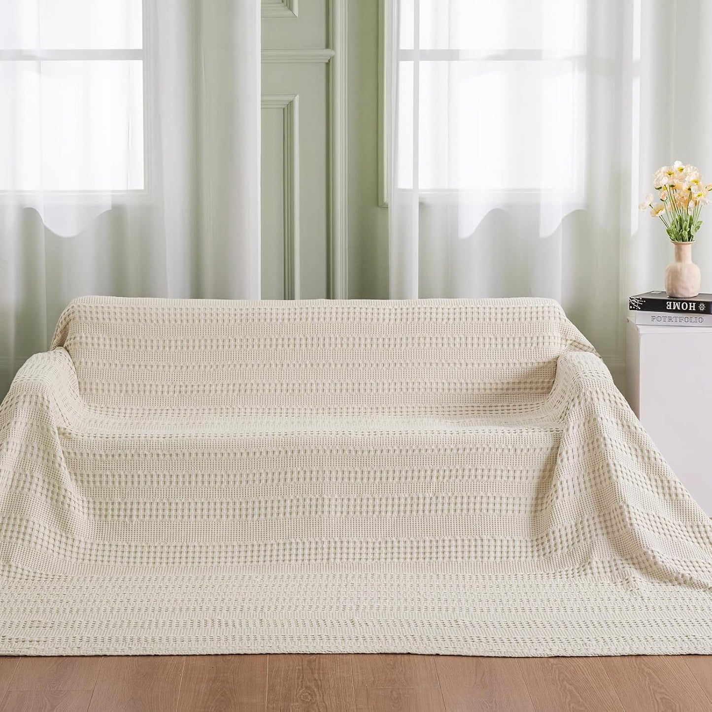 PHF Cooling Waffle Blanket California King Size, Lightweight 60% Rayon Derived from Bamboo & 40% Cotton Breathable Blanket for Hot Sleepers, Soft and Luxury for Bed Couch and Sofa, 110"x96", Linen