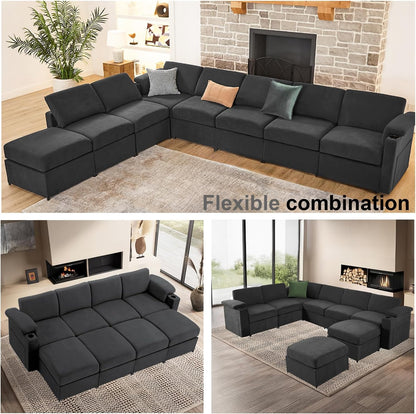 Modular Sectional Sofa Couches for Living Room Velvet Cloud Couch Oversized U Shaped Sectional Couch Convertible Sleeper Sofa Chaise Padded Armrests Cup Holder (Grey, 8 Seats)