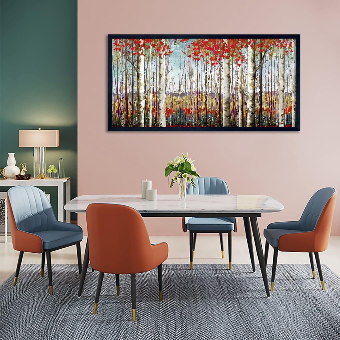 Large Framed Wall Art for Living Room Bedroom Modern Wall Decor of Red Leaves White Birch Tree Forest Giclee Painting Artwork Wall Decoration 29x58 Large Size Black Framed