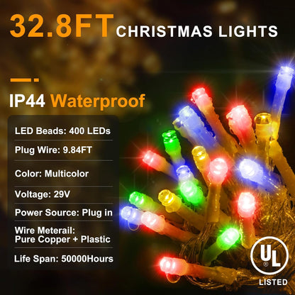 KNONEW Christmas Lights Outdoor Decorations 400 LED 33ft 8 Modes Curtain Fairy String Light with 75 Drops, Clear Wire LED String Light for Wedding Party Holiday Christmas Decorations Multicolor