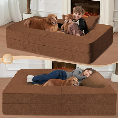 Folding Bean Bag Chair for Adults,3-in-1 Bean Bag Couch Faux Fur Floor Sofa Large Beanbag Convertible Bean Bag Sofa Bed with Pillow in Bedroom,Living Room,Apartment(Twin,Caramel)