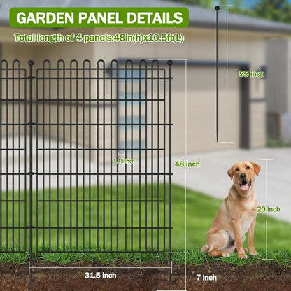 4 Panels No Dig Decorative Garden Fence for Yard, 48 in(H) X 10.5 ft(L) Animal Barrier Fencing for Outdoor Dog, Metal Portable Garden Fences for Borders, Pets, Landscape, Temporary Fence