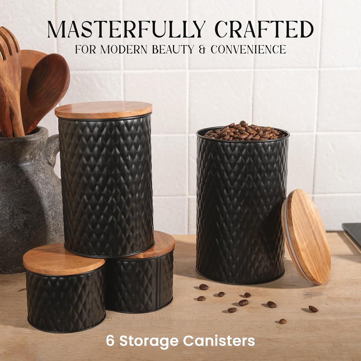 6 Canister Set for the Kitchen Countertop – Metal Food Storage Canisters with Airtight Lids for Flour, Tea, Crafts, Coffee, & Sugar – Container Set with Modern Wood Lids, Black
