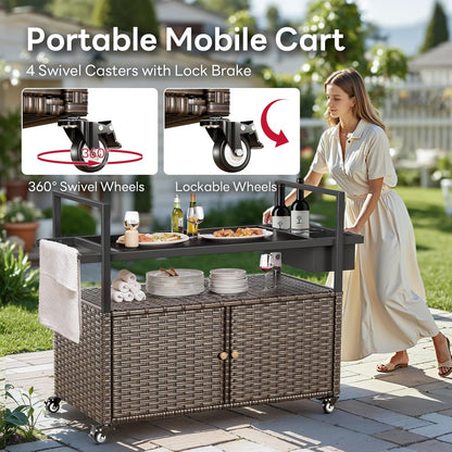 Outdoor Bar Cart with Storage Cabinet, Outdoor Grill Cart with Wheels, Rattan Bar Cart with Tempered Glass Tabletop, Outdoor Buffet Cabinet Table Cart for Mini Bar, BBQ, Food Serving, Brown Wicker