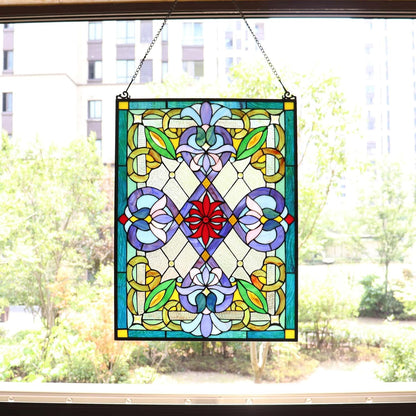 Bieye W10028 Victorian Tiffany Style Stained Glass Window Panel with Chain, Rectangular Shape, 18" W x 25" H