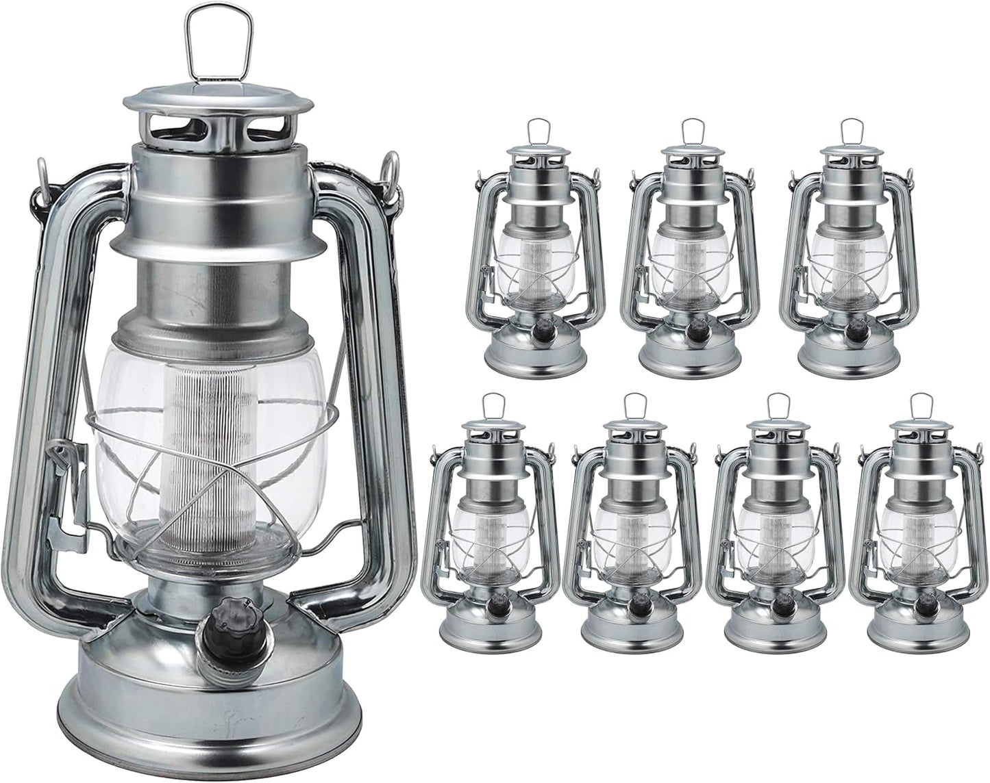 YAKii LED Vintage Metal Hanging Hurricane Lantern - 12 LED Dimmer Switch, Cold White Battery Operated for Power Outage Indoor Camping Outdoor Decoration (Silver Pack of 8)