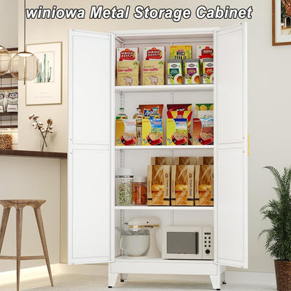Metal Pantry Cabinet with 2 Doors and Adjustable Shelves - 61" Kitchen Storage Cabinet with Gold Handles - Versatile Storage for Kitchen, Bathroom, Dining Room, Utility Room - White