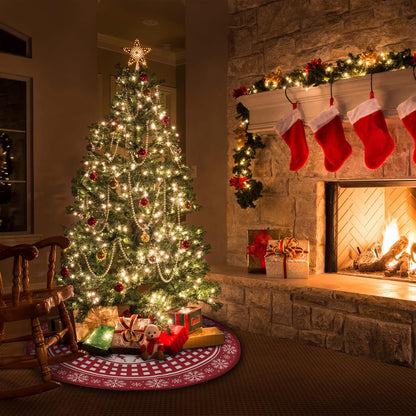 Christmas Tree Skirt, Red Tree Skirts 48 Inch with Snowflake Reindeer Rustic Farmhouse Xmas Tree Skirt Christmas Decorations for Holiday Party Decor Indoor Outdoor