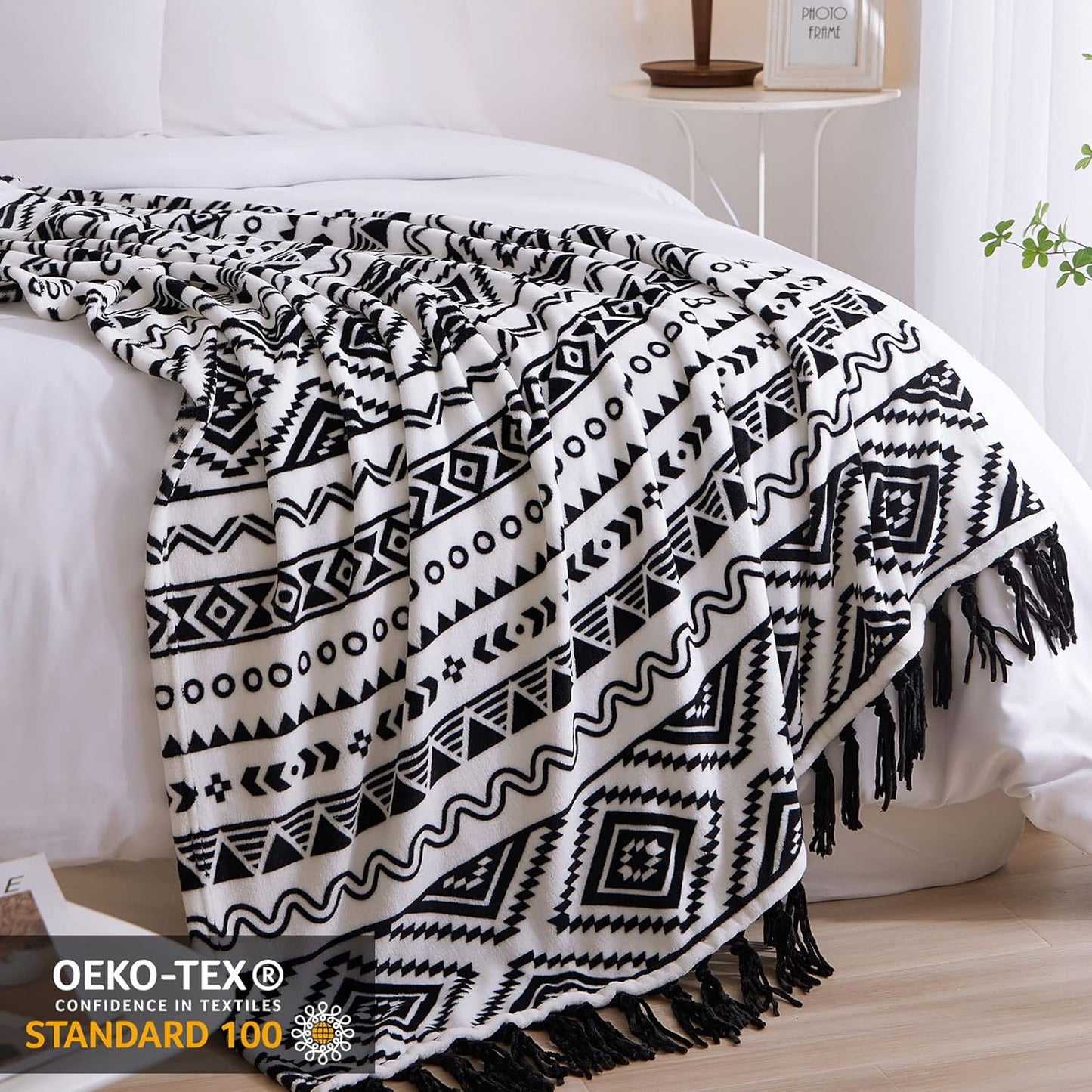 CASAAGUSTO Boho Throw Blanket - Black and White Decorative Blankets with Tassel, Printed Flannel Bohemian Blanket for Chair, Bed, Sofa, Couch(50 * 60, Black and White)