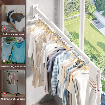 Wall Mounted Clothes Hanger,Clothes Drying Rack,Laundry Rack Wall Mount,Drying Rack Clothing,Clothes Rack Retractable,Collapsible(Tri-Fold), with Windproof Holes & Clips,White Color