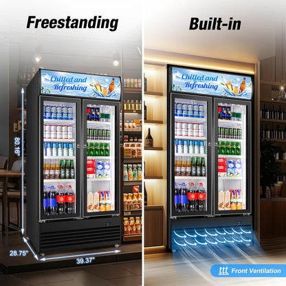 Commercial Beverage Refrigerator, 40 Inch 35 Cu.Ft. Commercial Drink Fridge, Display Refrigerator with Double Glass Door, Commercial Display Fridge with 8 Adjustable Shelves, for Shop,Restaurant,Bar