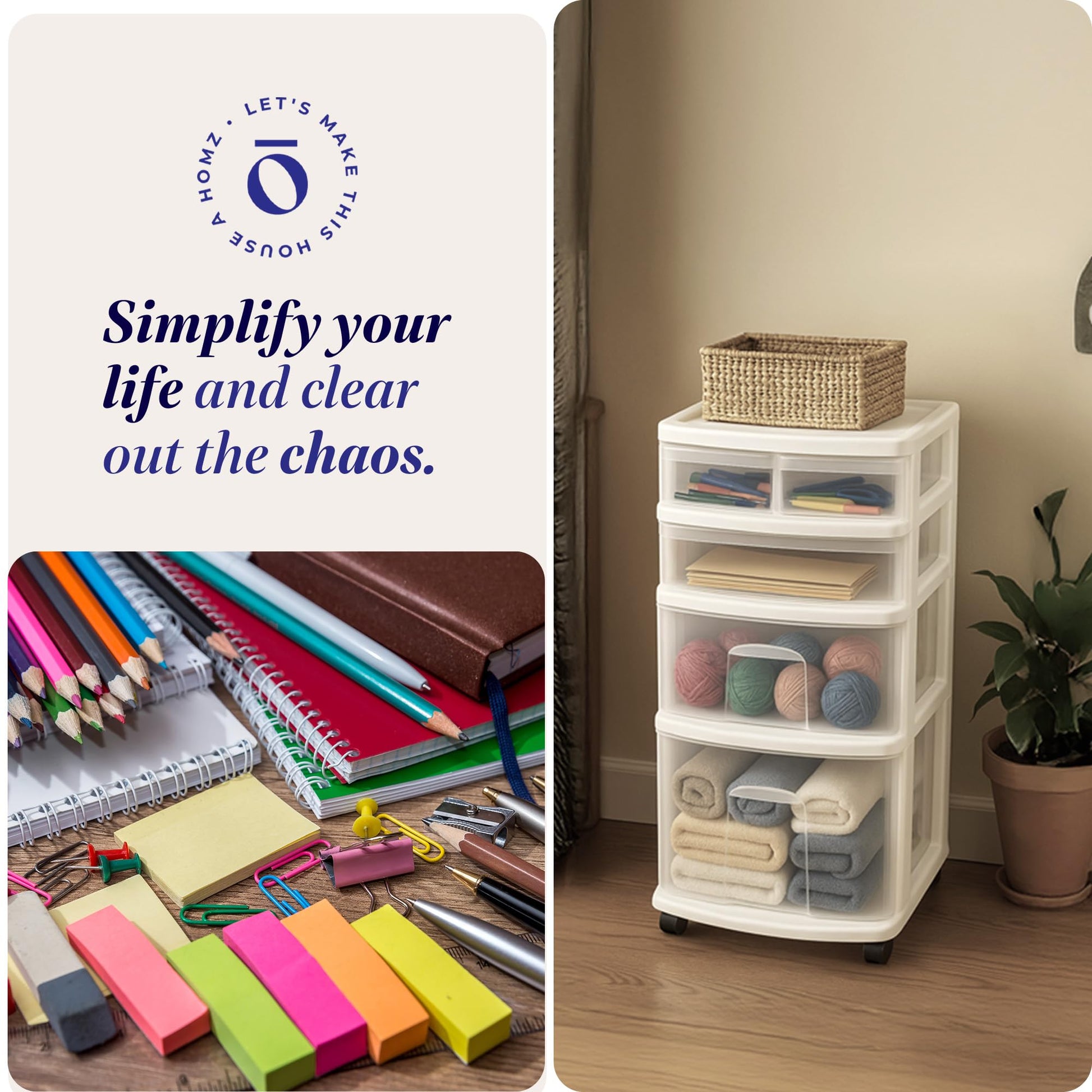 HOMZ Drawer Tower, 4-Tier Clear Plastic Storage Organizer Cart, White Frame - Rolling Drawers with