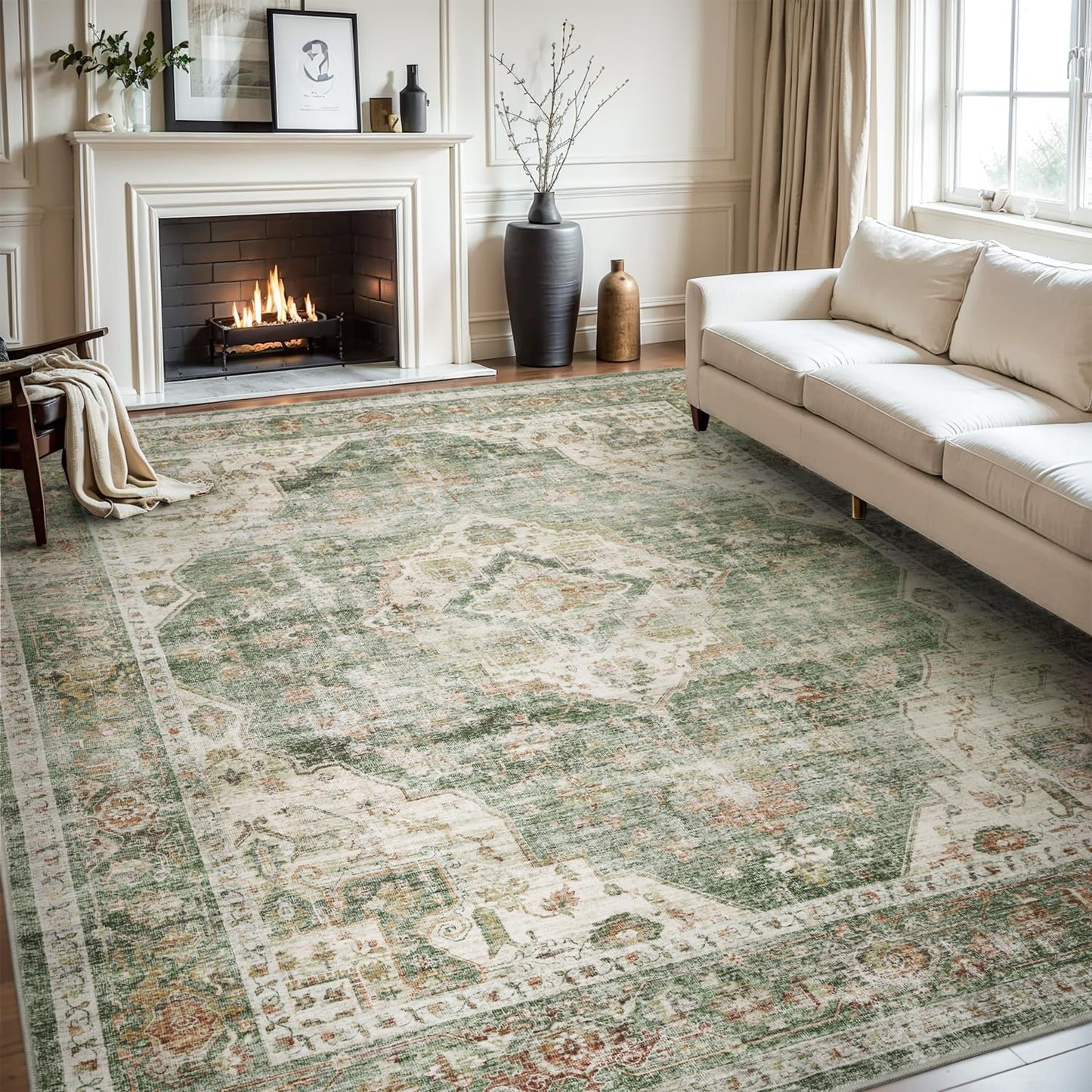 AMOAMI-Area Rug 5X7 Rugs for Living Room-Vintage Soft Green Rugs for Bedroom-Non Slip Carpet-Machine Washable Rug for Dining Room Living Room Bedroom Office Under Table