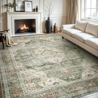 AMOAMI Vintage Soft Green Area Rug - 9x12, Non-Slip, Washable for Living Room, Bedroom, Dining Room, Office