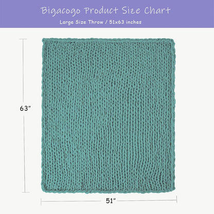 Bigacogo Chunky Knit Throw Blanket for Couch, 51x63 inches, 100% Hand Knitted with Thick Jumbo Chenille Yarn, Cozy Soft Large Rope Knot Cable Crochet Blankets for Sofa Bed Living Room, Light Teal