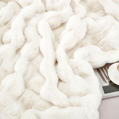 DREAMNINE Oversized Soft Thick Fuzzy Faux Rabbit Fur Throw Blanket Twin Size 60" x 71", Double Sided Comfy Plush Warm Shaggy Fluffy Blankets, Luxury Cozy Cute Furry Blanket for Bed Couch, Cream White