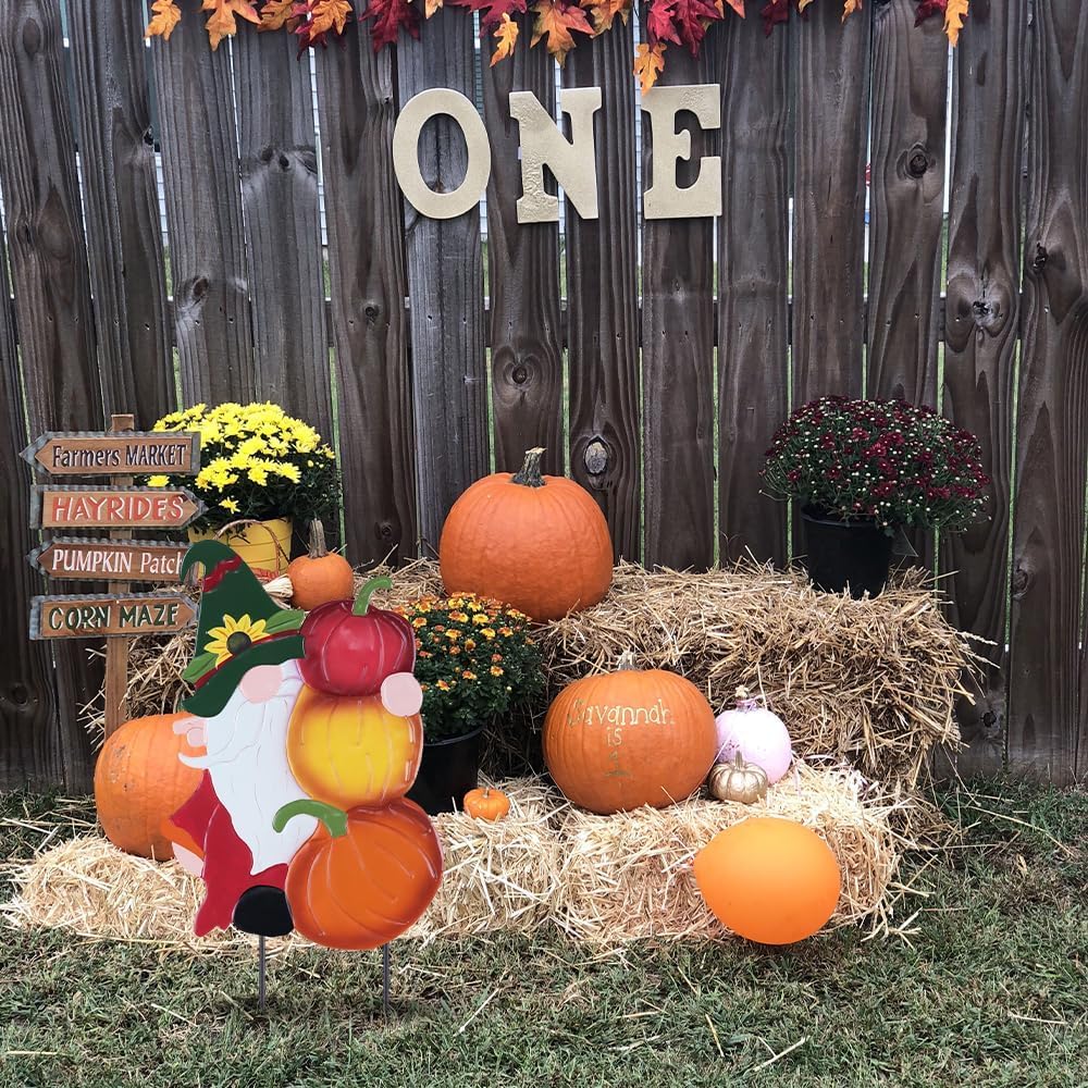 YEAHOME Fall Decorations Outdoor, Metal Gnome with Pumpkin Decorative Garden Stakes for Fall Decor, Autumn Yard Signs for Home Outside Garden Lawn Porch, Thanksgiving Decorations Outdoor (YHMD-476)