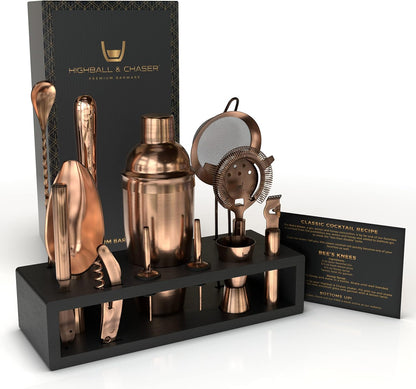 Highball & Chaser 13-Piece Cobbler Cocktail Shaker Set Matte Copper Stainless Steel Bartender Kit For Home Bar Cocktail Set Laser Engraved Cocktail Tools Plus E-Book with 30 Different Cocktail Recipes