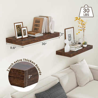 12 Inch Deep Floating Shelves for Wall | 30 Inch Floating Shelves Set of 2 | Rustic Wood Shelves for Living Room Bathroom Laundry Room Bedroom Kitchen Home Office - Rustic Brown