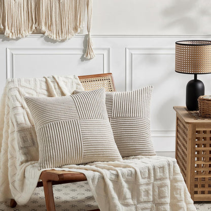 Fancy Homi 2 Packs Neutral Taupe Decorative Throw Pillow Covers 16x16 Inch for Living Room Couch Bed, Rustic Farmhouse Boho Home Decor, Soft Corss Patchwork Corduroy Textured Square Cushion Case 40cm