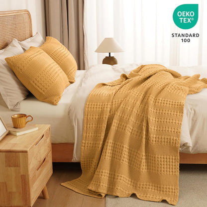 PHF 100% Cotton Waffle Weave Throw Blanket, Soft Lightweight Breathable Cozy Summer Throws for Couch Bed Sofa, Luxury Aesthetic Woven Blanket for Home Decor & Office, 50"x60", Ginger/Honey Yellow