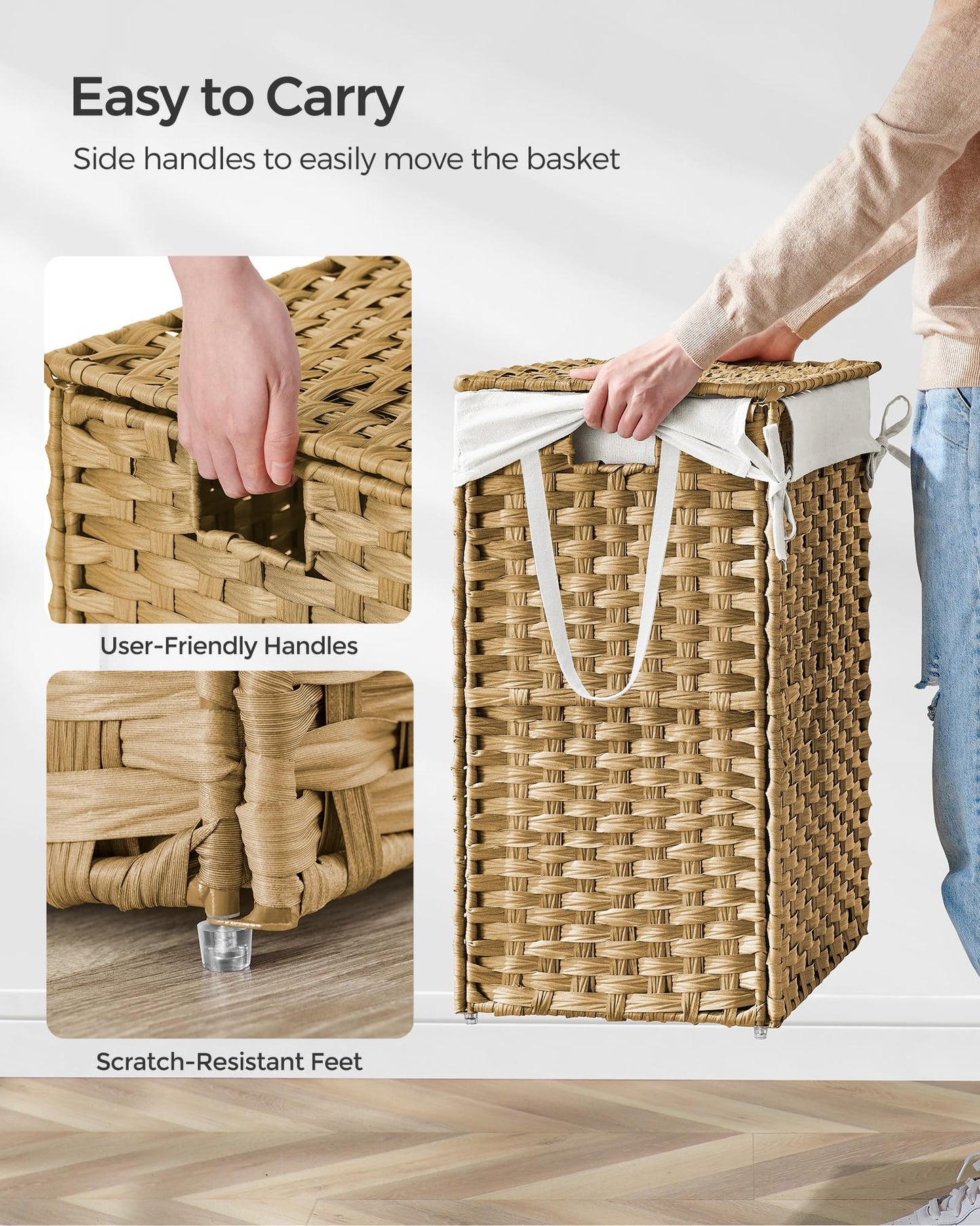 SONGMICS Laundry Hamper with Lid, 23.8 Gallon (90 L) Synthetic Rattan Clothes Laundry Basket with