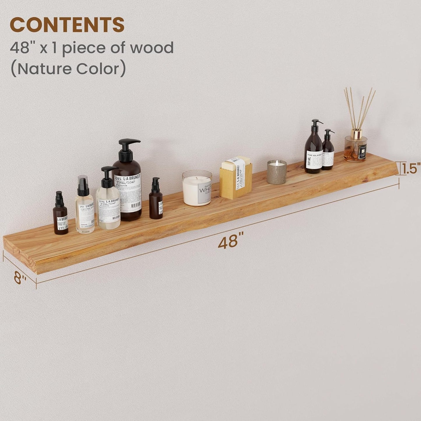Floating Shelves for Wall Decor, Rustic Solid Elm Wood Live Edge Floating Shelves Wall Mounted, Wall Shelves with Invisible Bracket for Living Room Bathroom Bedroom Kitchen, 48 Inch, Natural